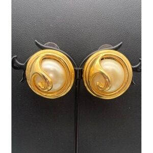 Vintage Chunky Gold Tone Swirl And Faux Pearl Pierced Earrings